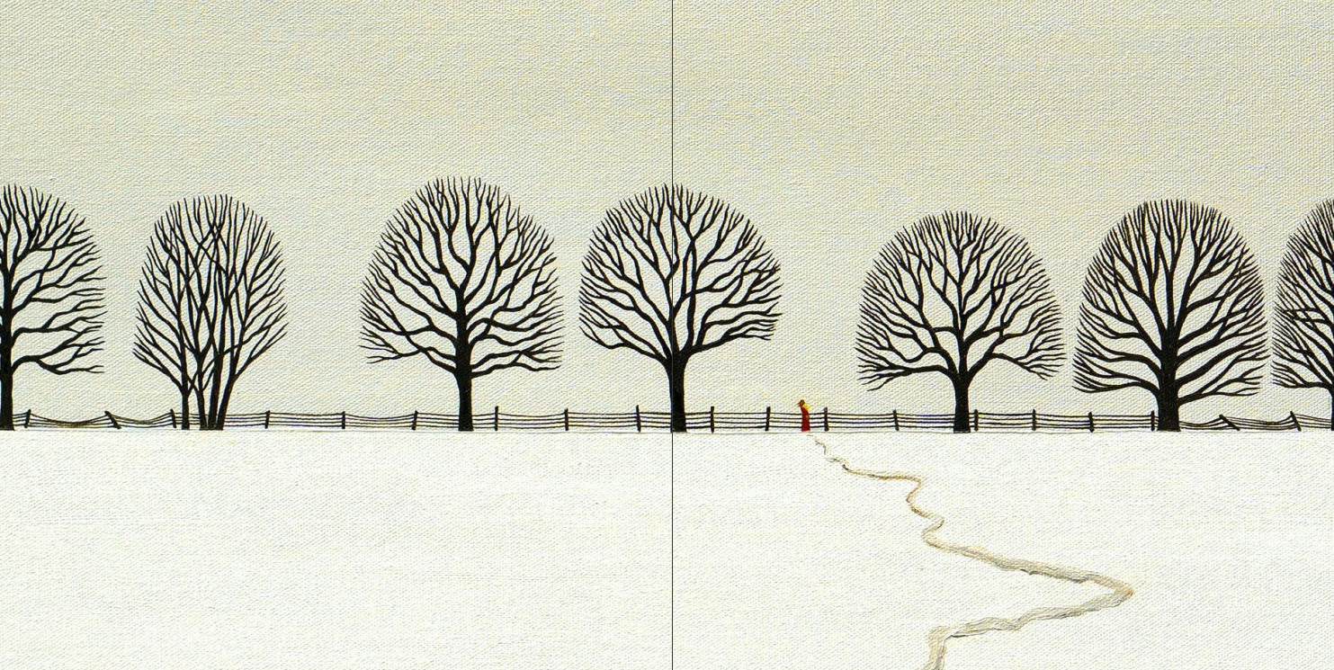 Full page with a row of trees and a little red person walking in the snow