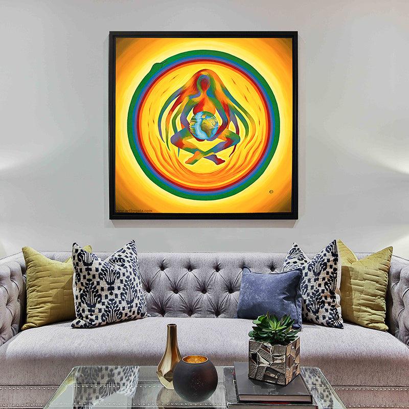 A mother earth mandala with rainbow colours a fire and yellow background