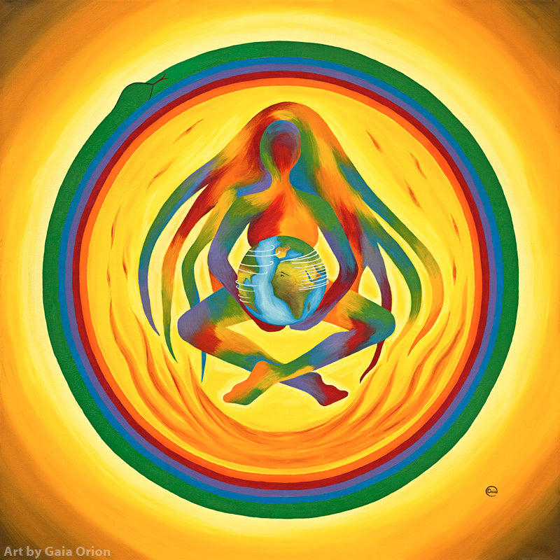A mother earth mandala with rainbow colours a fire and yellow background