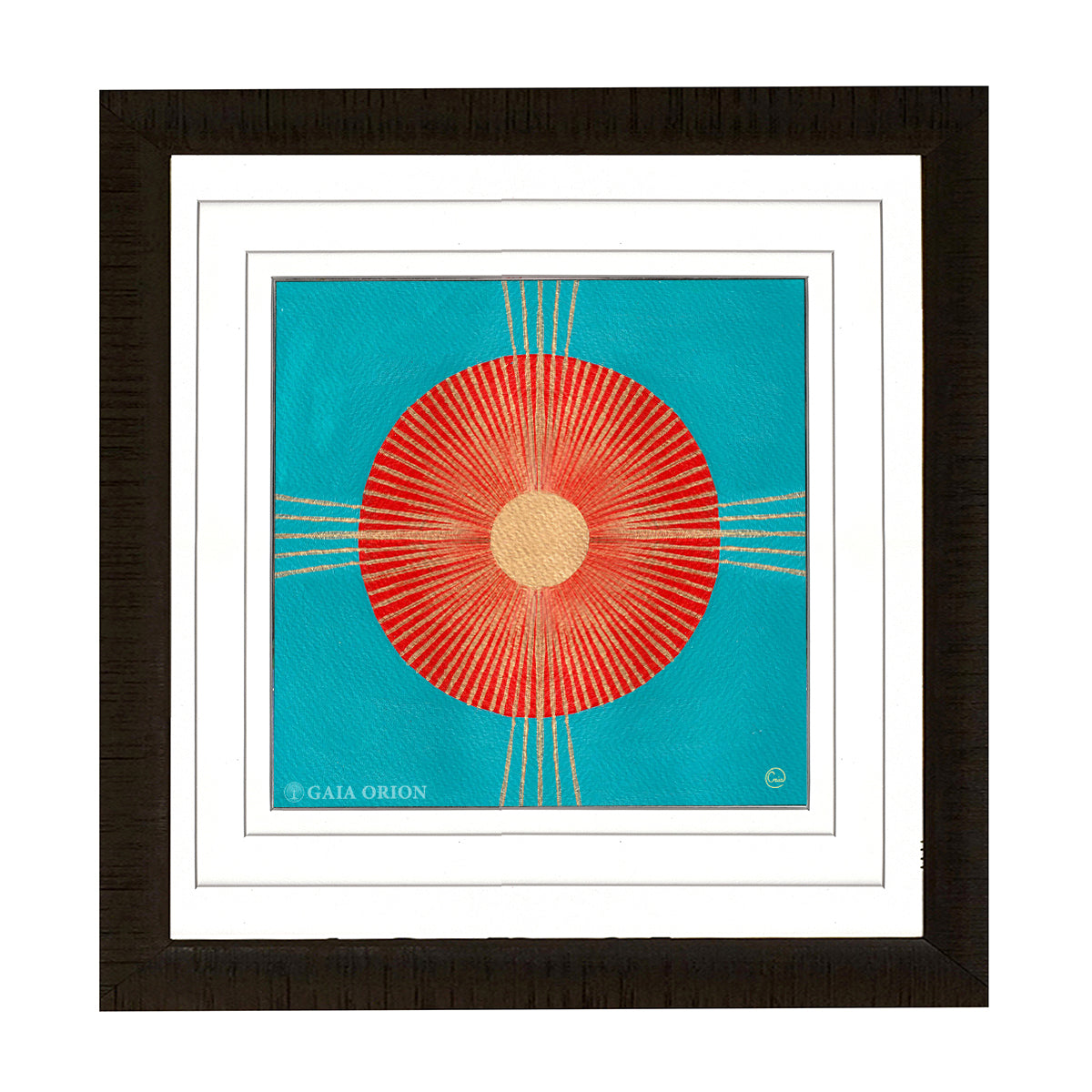 It is vibrant gold sun against a orange circle and a turquoise background a symbol for truth power and life