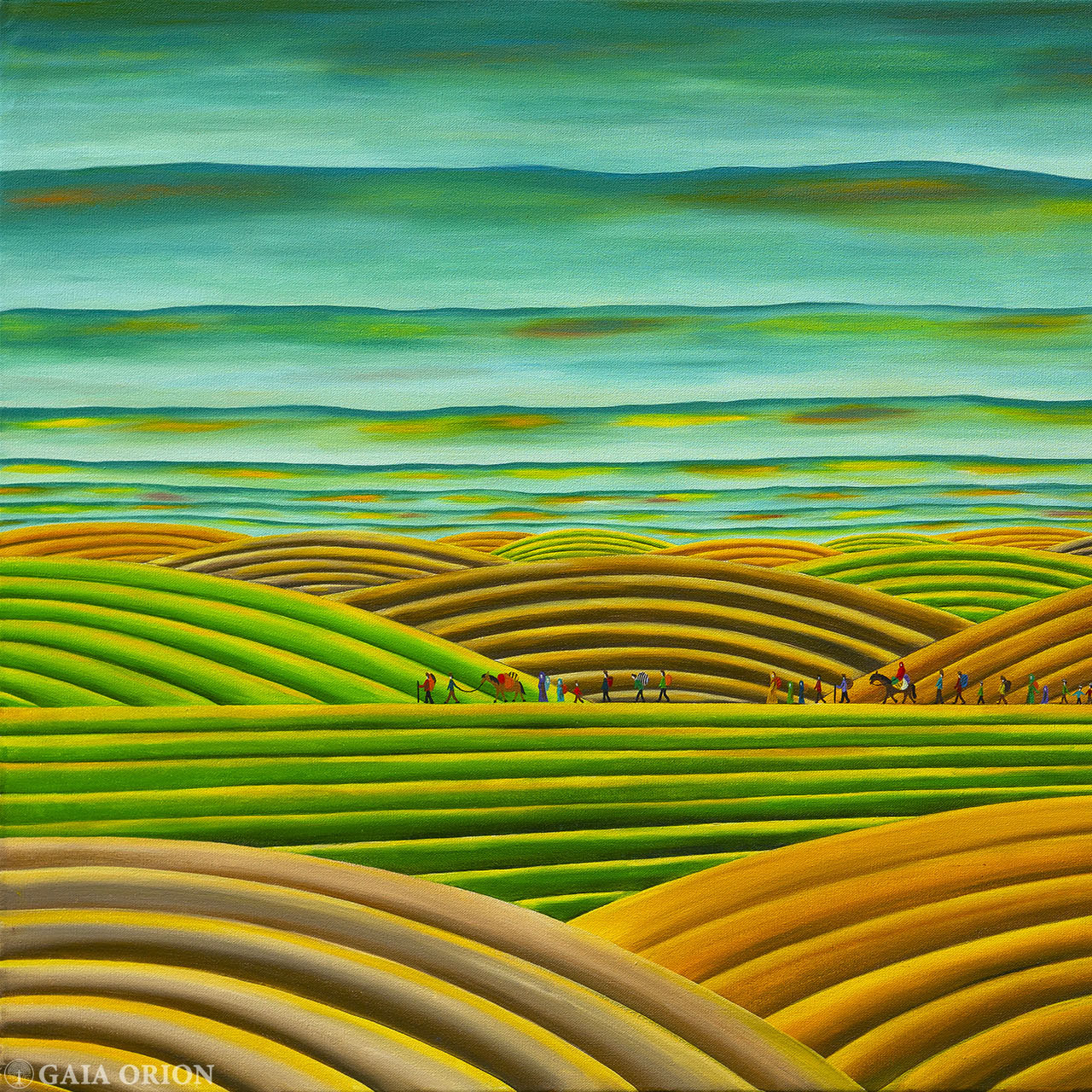 Nomads - Oil on Canvas - 60 x 90 cm featuring vibrant rolling hills with tiny figures walking a winding path.