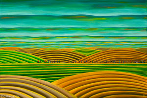 An oil on canvas called Nomads depicting a line of people walking across majestic and wide skyplains