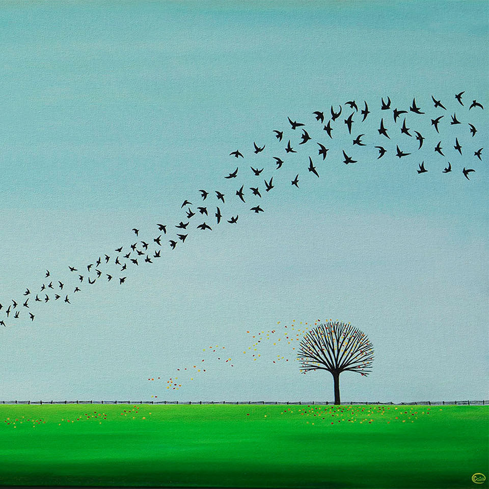 Autumn Flow - Oil on Canvas - 50 x 100 cm, painting of a tree with birds flying over a green field under a blue sky.