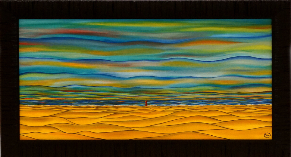 Ocean Reflections - Oil on Canvas 30x60 cm depicting abstract ocean waves and golden sandy shore at horizon.
