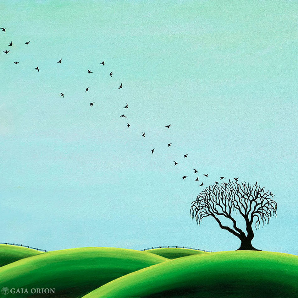 A Moment Suspended oil on canvas painting showing birds flying over rolling green hills and a single tree.