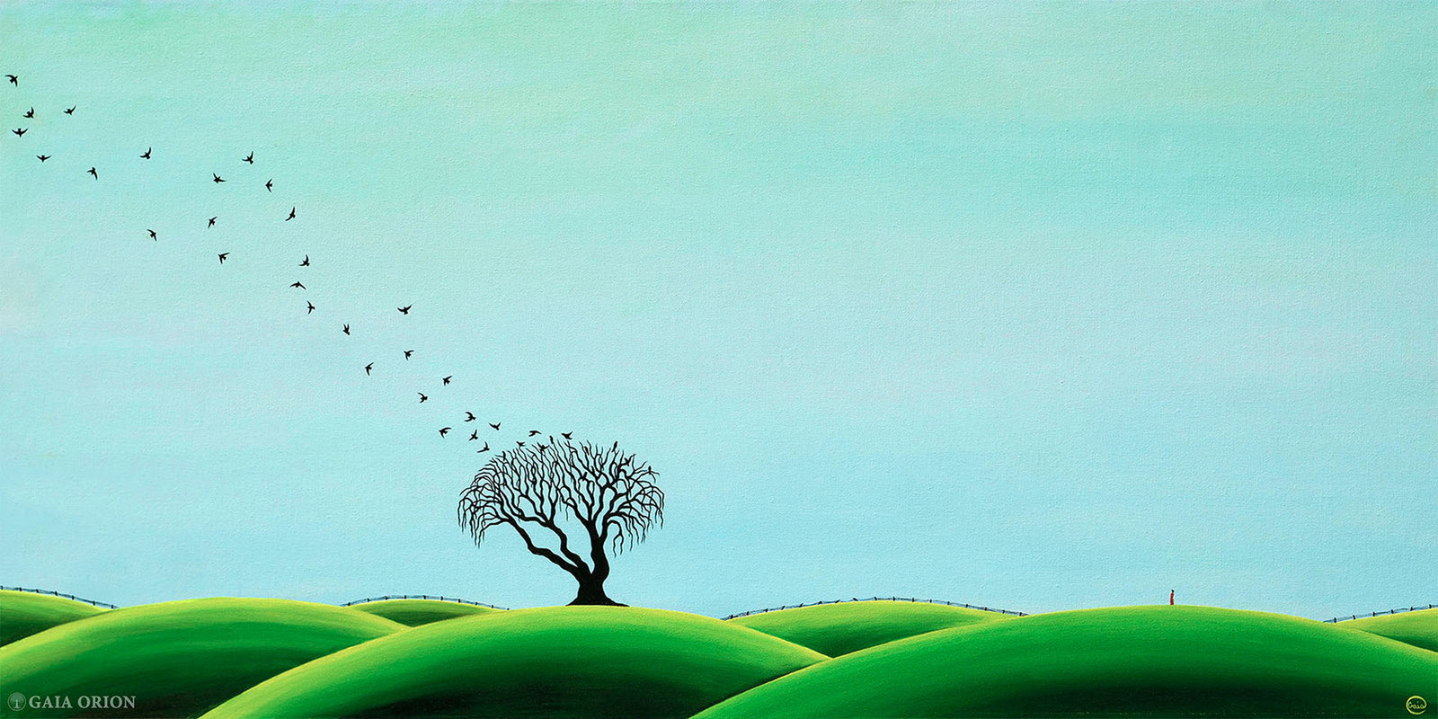 A Moment Suspended oil on canvas painting showing birds flying over rolling green hills and a single tree.