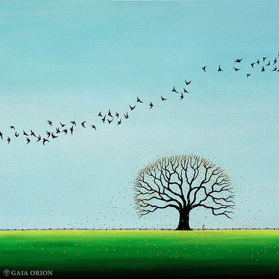 Dancing Whispers - Oil on Canvas 50x100 cm showing a solitary tree with flying birds under a soft blue sky.