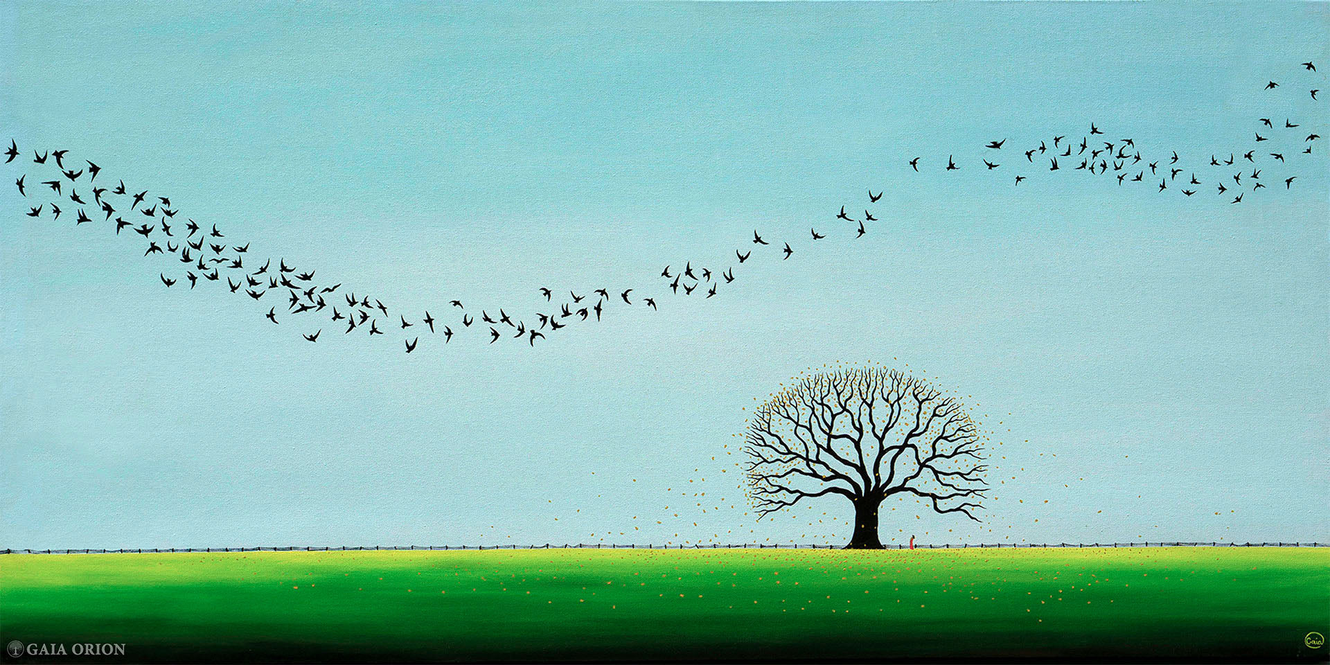 A peaceful landscape painting of birds flying and an autumn tree with falling leaves