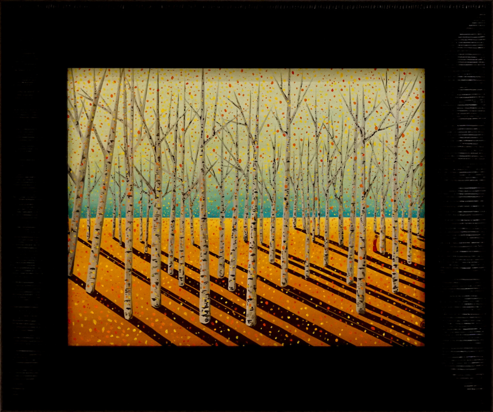 Heart of the Forest - Oil on Wood painting depicting birch trees with long shadows in a bright autumn forest scene.