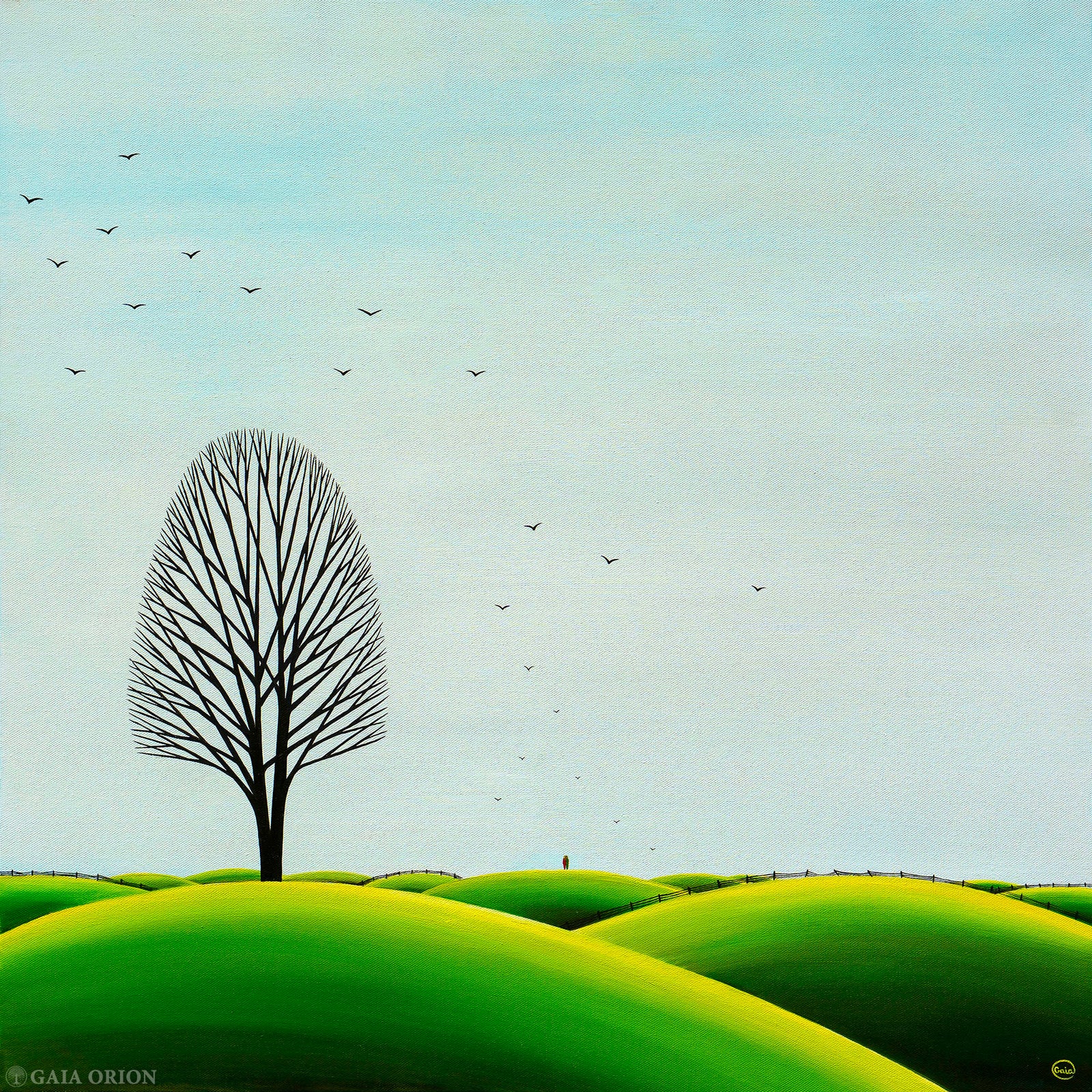 Soul Sister - Oil on Canvas - 60 x 60 cm, minimalist landscape with a lone tree and rolling green hills under a clear sky.