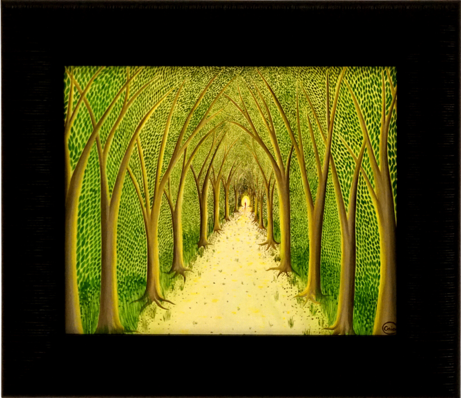A Meaningful Life - Oil on Wood painting of a sunlit forest path symbolizing life's journey and growth, 20 x 25 cm.