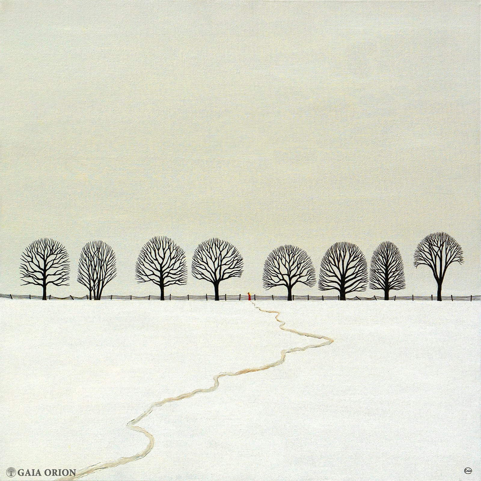 Wisdom Council - Oil on Canvas - Minimalist landscape with bare trees and winding path in muted tones.