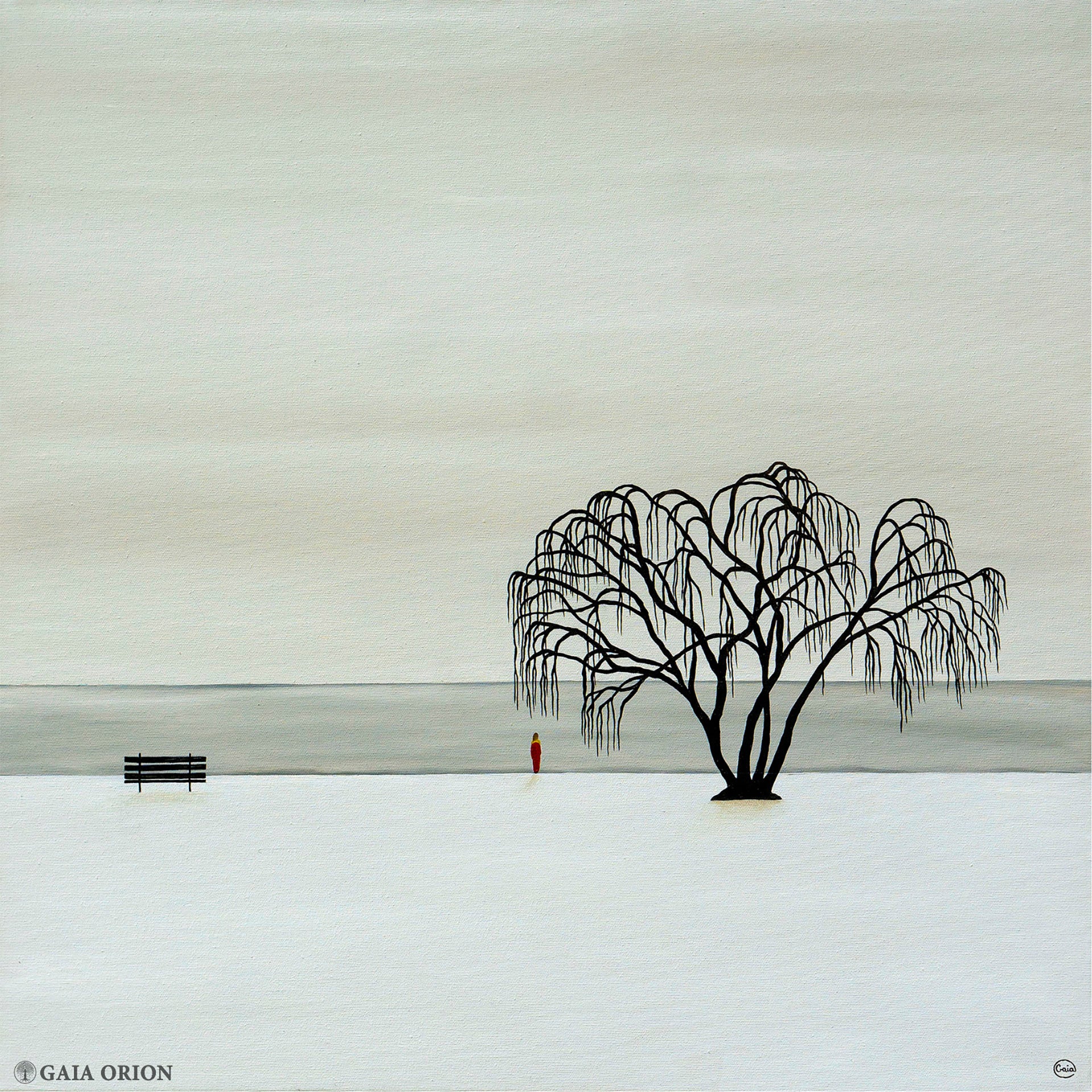A winter scene with a person under a willow tree un front of a lake