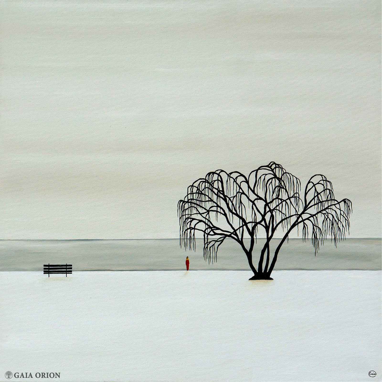 Protected - Oil on Canvas - 60 x 60 cm showing a lone willow tree, a bench, and a small figure in a minimal serene landscape.