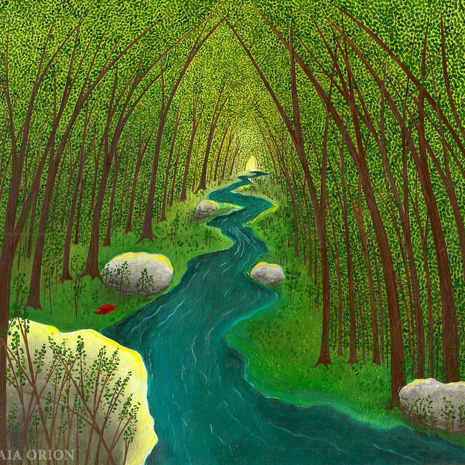 In the deep - Oil on Wood - 20 x 25 cm depicting a winding river flowing through a dense green forest tunnel.