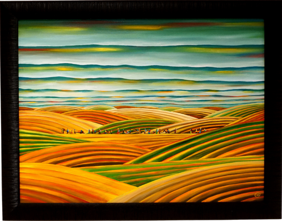 Woven in the Fields - Oil on Canvas 45x60 cm, colorful rolling fields with small figures and a vibrant sky.