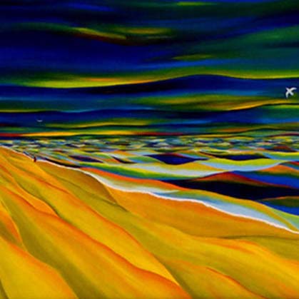 Reflections - Oil on Canvas - 30 x 60 cm features vibrant abstract landscape with flowing yellow and blue waves.