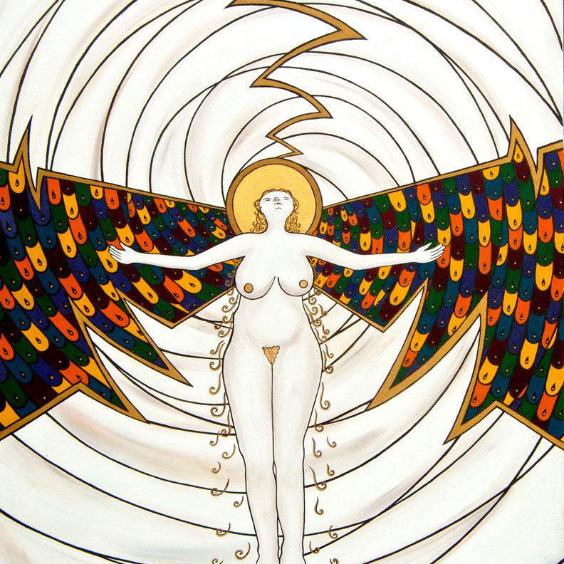 Ascension - Oil on Canvas - 75 x 55 cm depicting a nude female figure with colorful wings and radiant halo ascending.