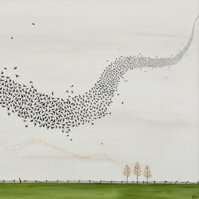 Murmuration - Oil on Canvas - 40 x 50 cm depicting synchronized flight of starlings over a green field and trees.