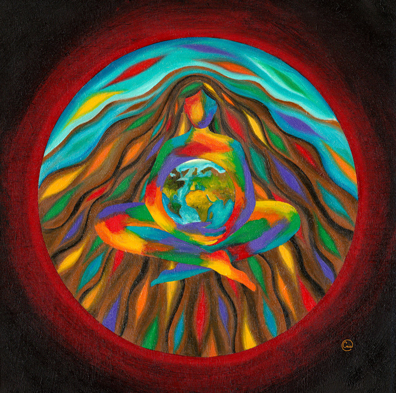 Creative Flow - Oil on Wood - 20 x 20 cm vibrant painting of a figure holding Earth with flowing colorful hair.