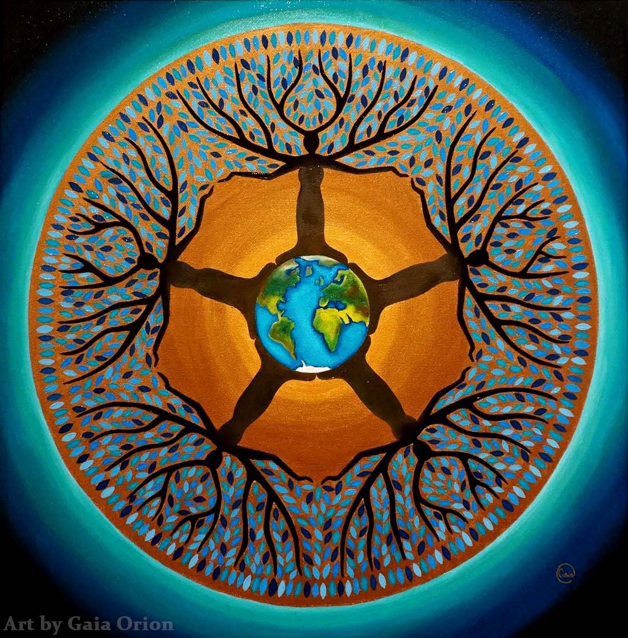 Equilibrium - Oil on Canvas - 45 x 45 cm showing earth encircled by human figures and tree branches in harmony.