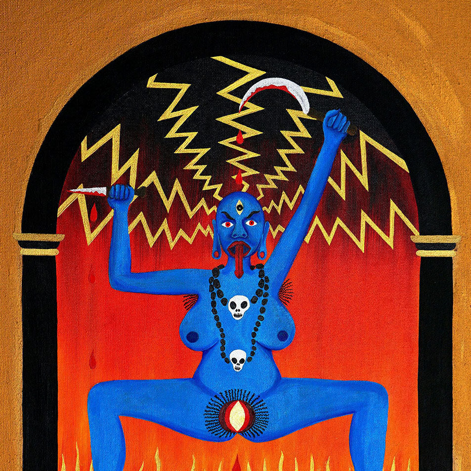 Dear Kali - Oil on Canvas - 50 x 40 cm depicts fierce blue goddess Kali with lightning and symbolic elements in a bold, vivid style.