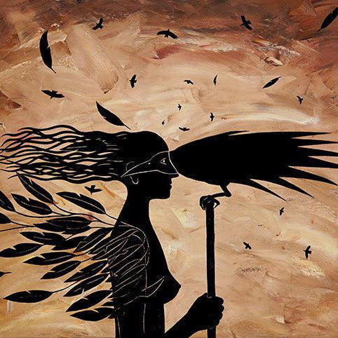 Oneness - Oil on Canvas - silhouette of a woman receiving a message from a raven with flying birds in the background