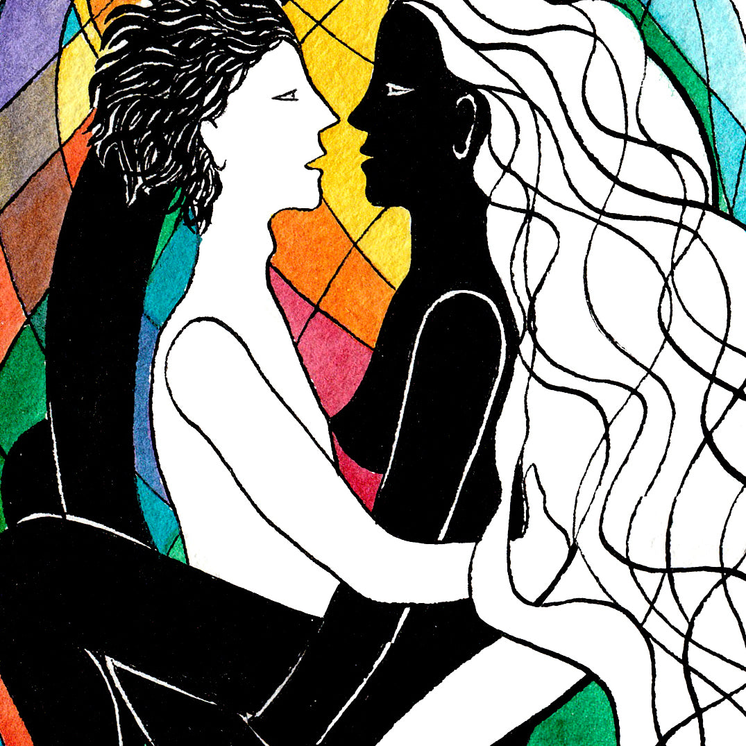 Sacred Tantric Union watercolor illustration of a spiritual union between a man and woman in vibrant colors.