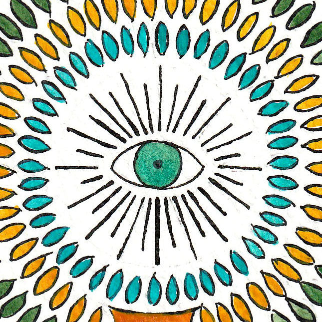 The Lovers - Watercolour 28 x 17 cm featuring a symbolic eye surrounded by colorful leaf patterns in watercolor.