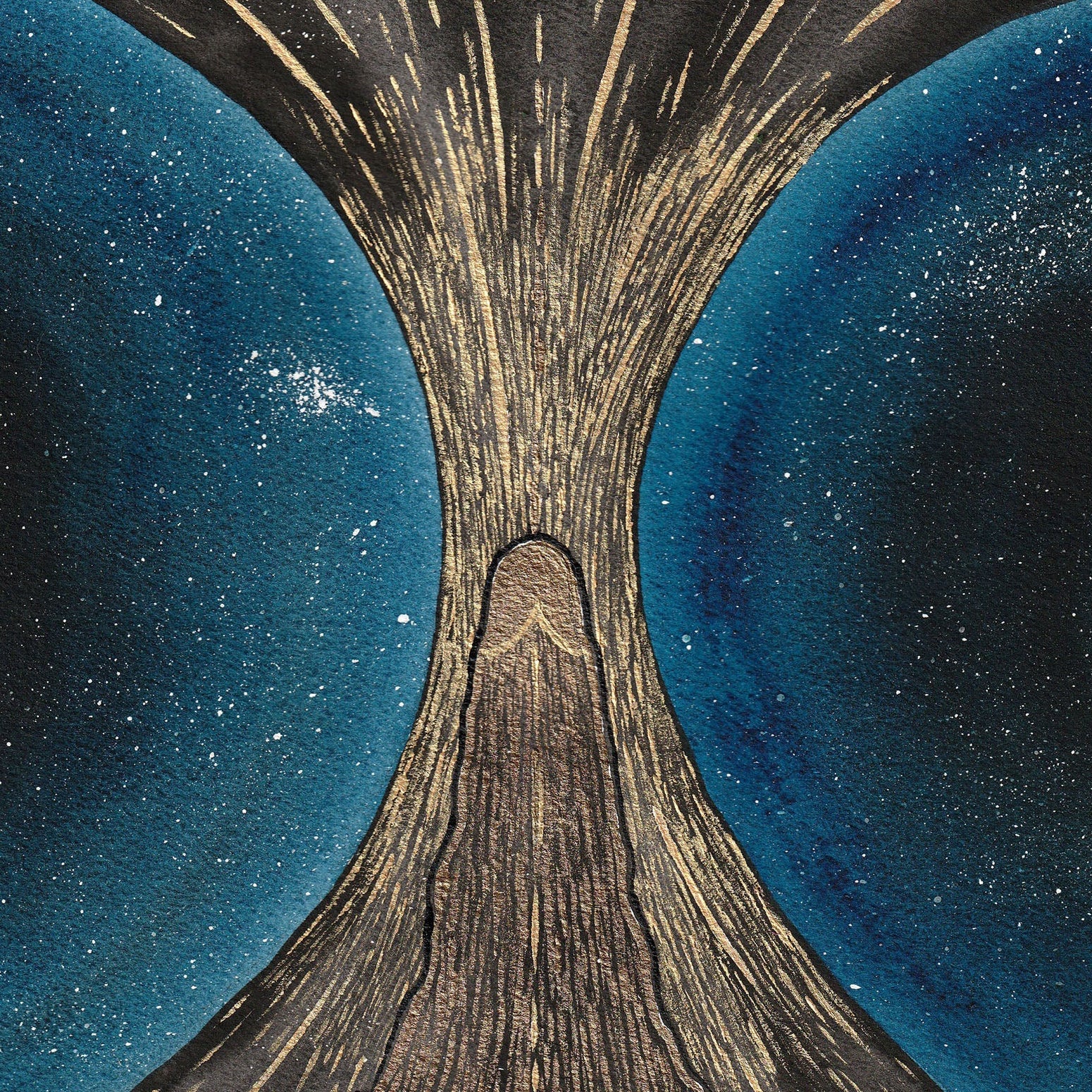 Mountain Peak - Watercolour 30 x 20 cm depicting a symbolic tree with cosmic blue background and golden textured details.
