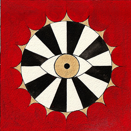 Soul Compass - Watercolour, Gouache and Gold Acrylic Paint featuring an eye within a black and white circle on a red background.
