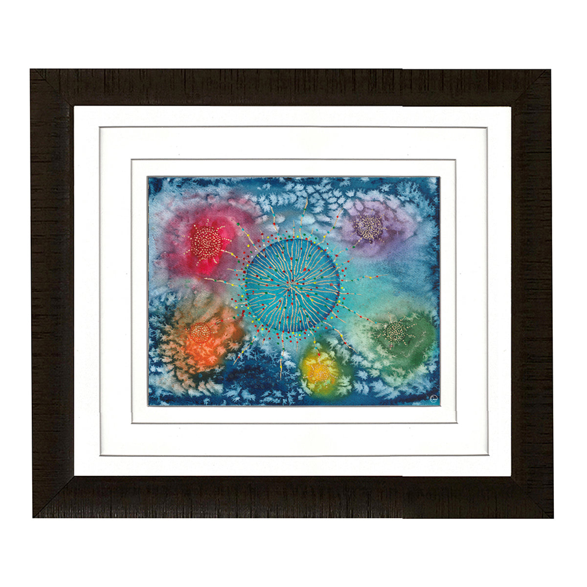 Connections - Watercolor and acrylic on paper depicting colorful linked points representing thoughts in the infinite noosphere.