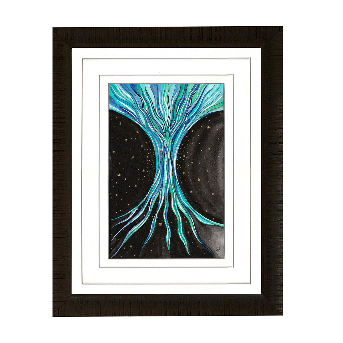 Framed artwork the image is blue and black with some gold stars it is called the river of life
