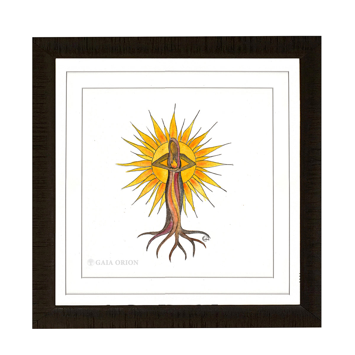 The Power of Love - watercolor and acrylic painting of a figure holding fire forming an eye with sun rays background.