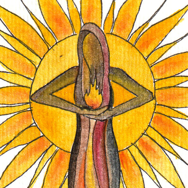 The Power of Love - watercolor and acrylic painting of a figure holding fire forming an eye with sun rays background.