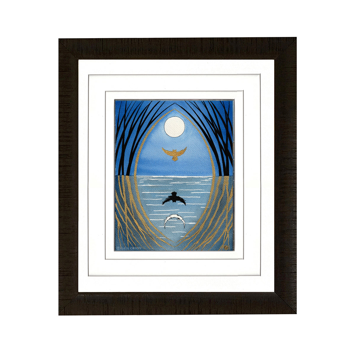 Beyond the Veil - Watercolour and Gold Acrylic depicting owl flying under full moon over water framed by silhouetted trees.