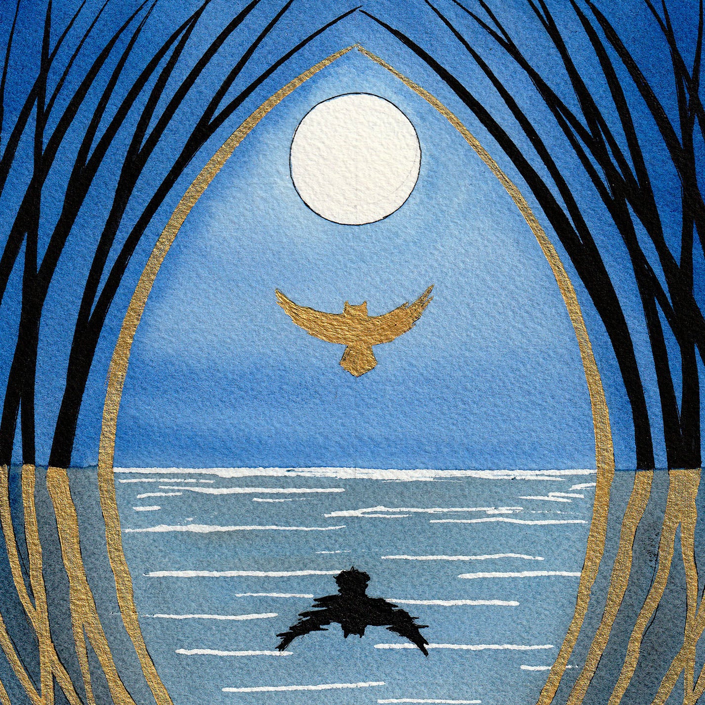 Beyond the Veil - Watercolour and Gold Acrylic depicting owl flying under full moon over water framed by silhouetted trees.