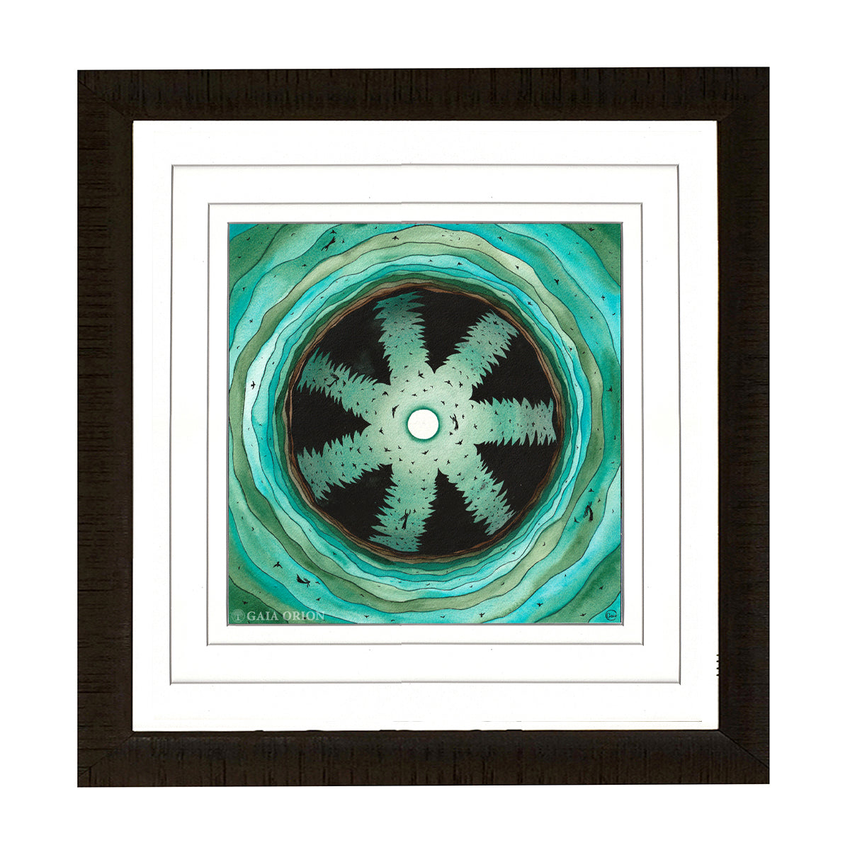 Dream Travels - Watercolour and Gold Acrylic 27 x 26 cm showing abstract tree shapes and birds in a circular pattern.