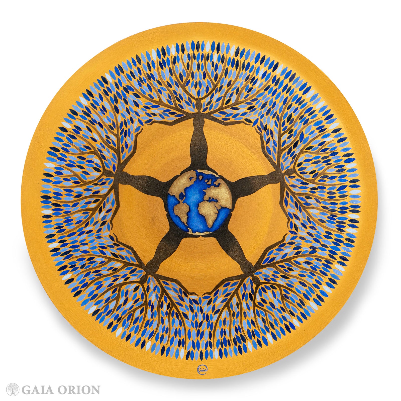 Equilibrium - Oil on Wood - 22 Diameter depicting interconnected human figures and a globe surrounded by blue and gold leaves.