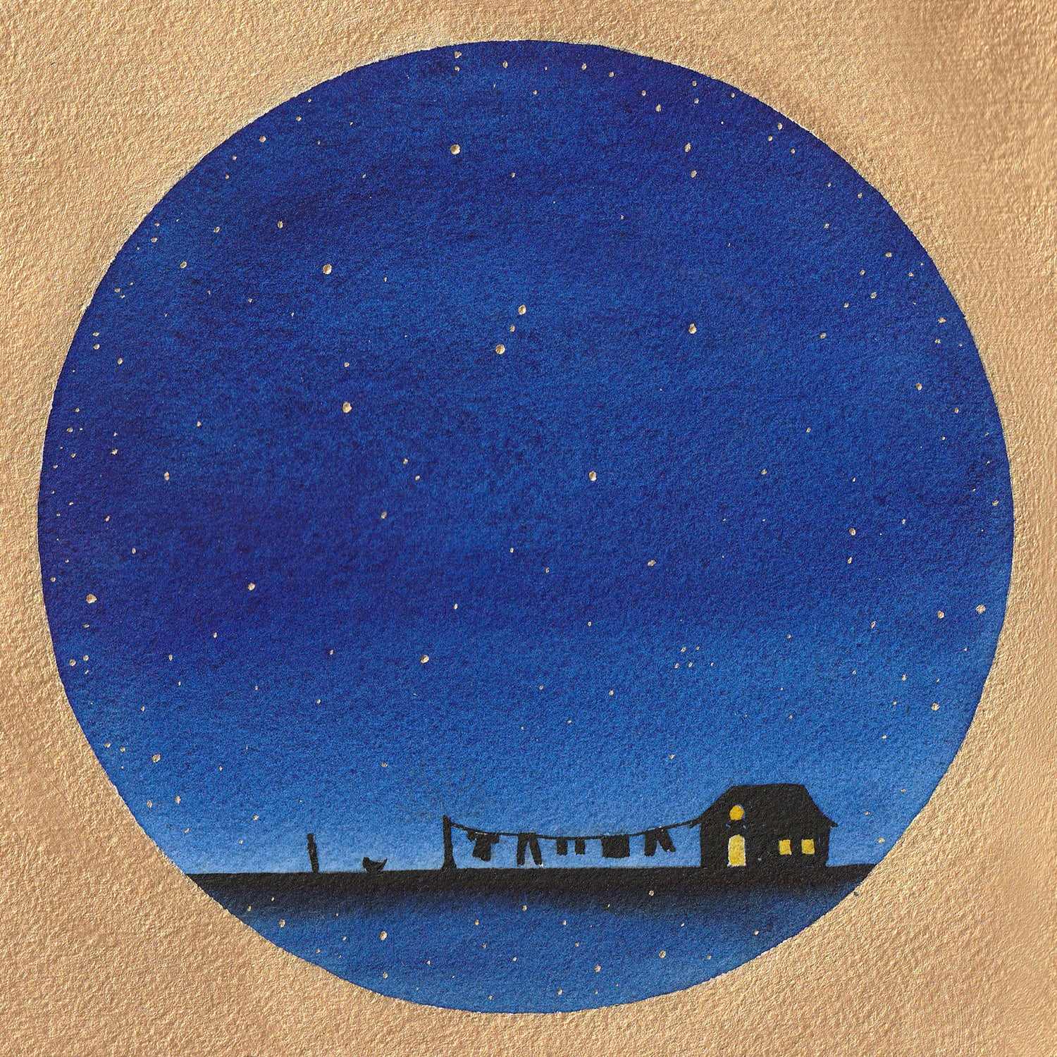 The Extraordinary artwork, measuring 15 x 15 cm, features a circular watercolor scene with a small house, lit window, and starry sky. Laundry and a figure with a dog are silhouetted against the deep blue background, reflecting the artists peaceful nighttime vision.