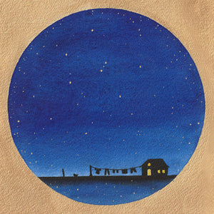 The Extraordinary artwork, measuring 15 x 15 cm, features a circular watercolor scene with a small house, lit window, and starry sky. Laundry and a figure with a dog are silhouetted against the deep blue background, reflecting the artists peaceful nighttime vision.