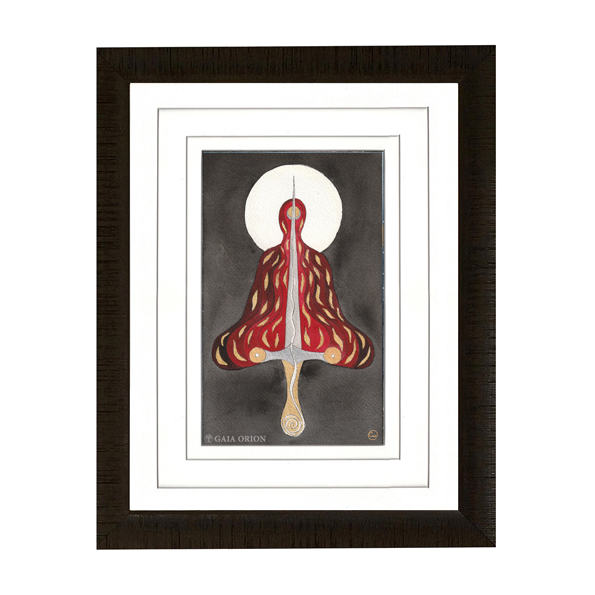 Clarity - Watercolour and Gold Acrylic 25 x 9 cm depicting a figure with red and gold accents against a white circle background.