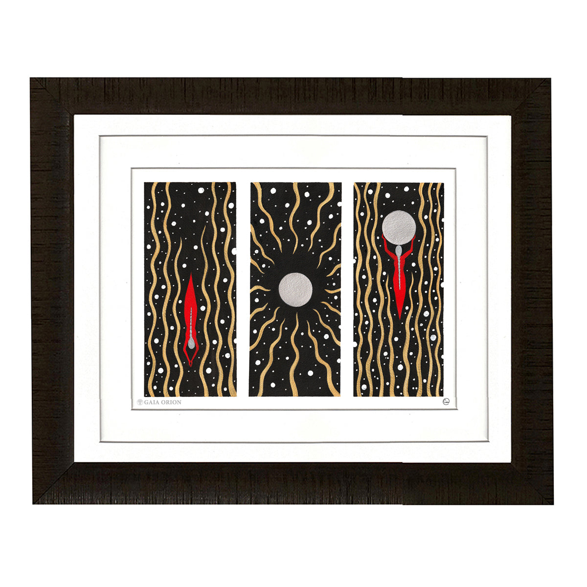 Genesis - Watercolour and Acrylic 25 x 35 cm, abstract art with gold, red figures, and white dots on black background.