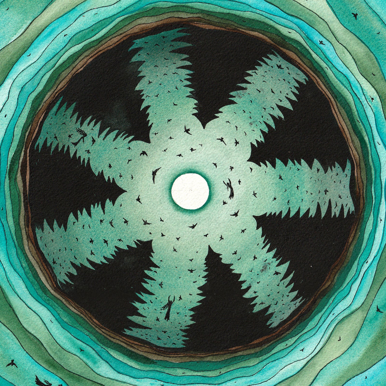 Dream Travels - Watercolour and Gold Acrylic 27 x 26 cm showing abstract tree shapes and birds in a circular pattern.