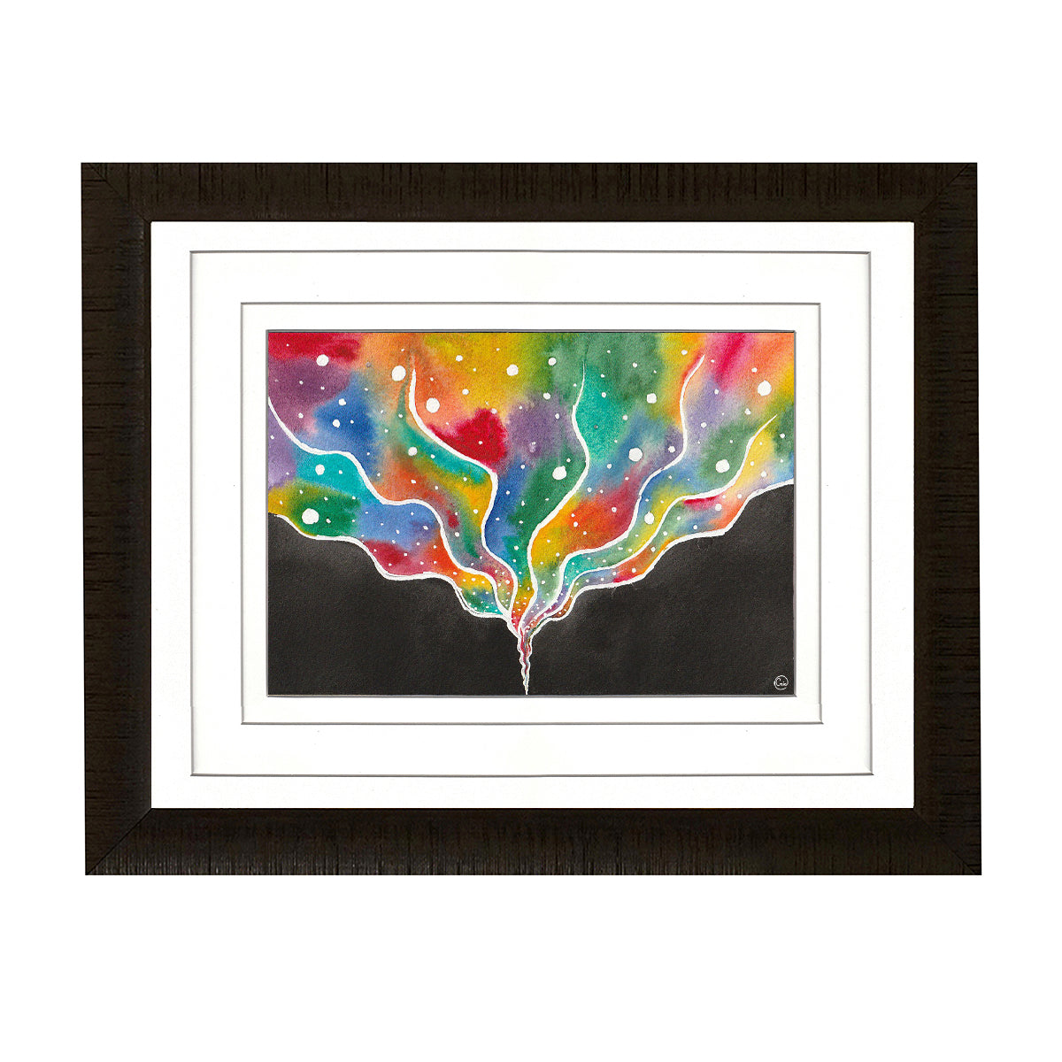 New Stage - Watercolour 15 x 22 cm showing colorful swirling light emerging from dark vortex symbolizing transformation.