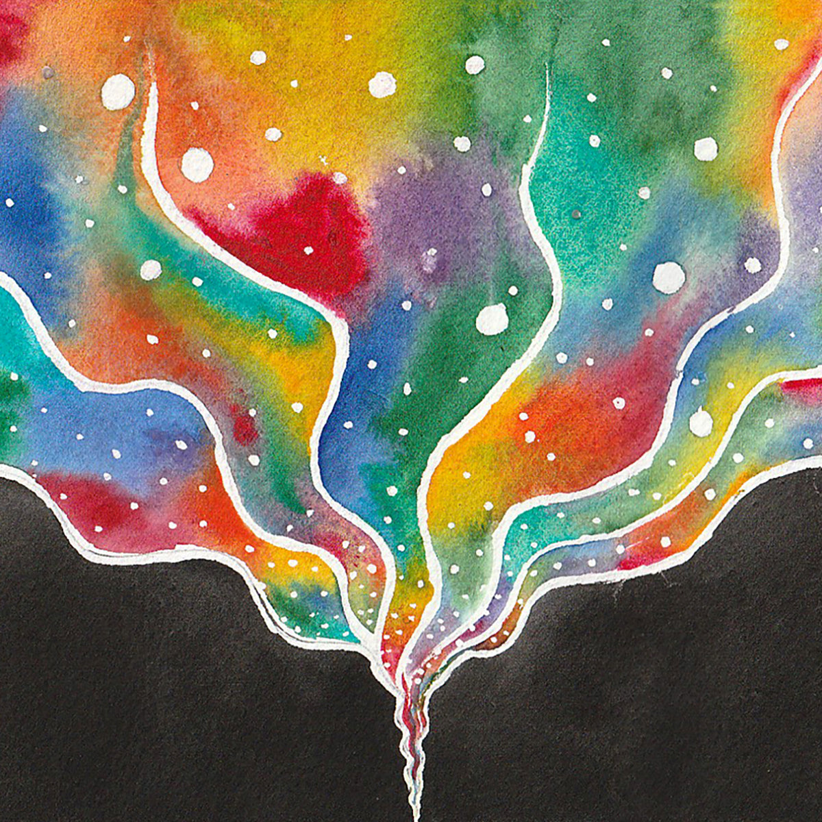 New Stage - Watercolour 15 x 22 cm showing colorful swirling light emerging from dark vortex symbolizing transformation.