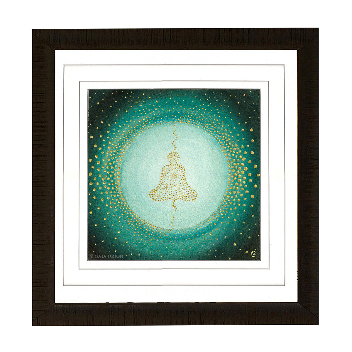 Spiritually Aligned watercolor painting 25x25 cm depicting a meditative figure surrounded by golden dots and teal hues