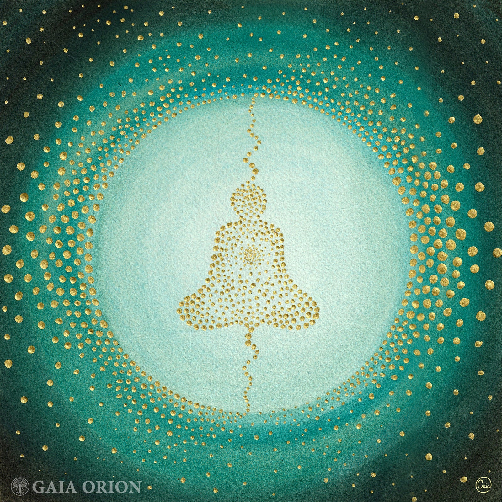 Spiritually Aligned watercolor painting 25x25 cm depicting a meditative figure surrounded by golden dots and teal hues