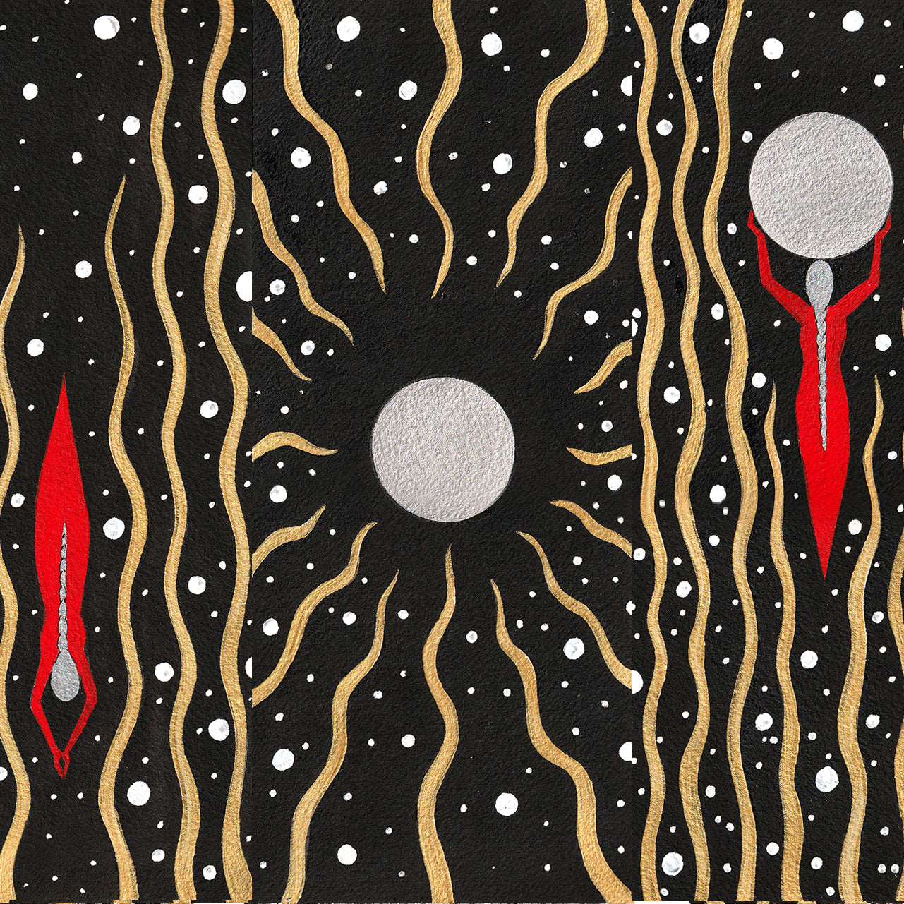 Genesis - Watercolour and Acrylic 25 x 35 cm, abstract art with gold, red figures, and white dots on black background.
