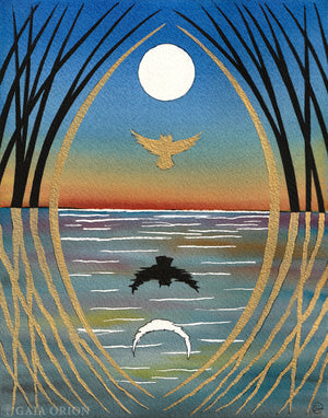 Beyond the Veil... At Dawn - Watercolour and Gold Acrylic - 22 x 18 cm features a horizon with a full moon and sunset hues, bird silhouettes creating an eye shape with water and sky, framed by tall, curved lines resembling plants or reeds that echo natures wisdom.